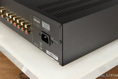 Rear left corner of a used Musical Fidelity M2si Integrated Amplifier in a black finish
