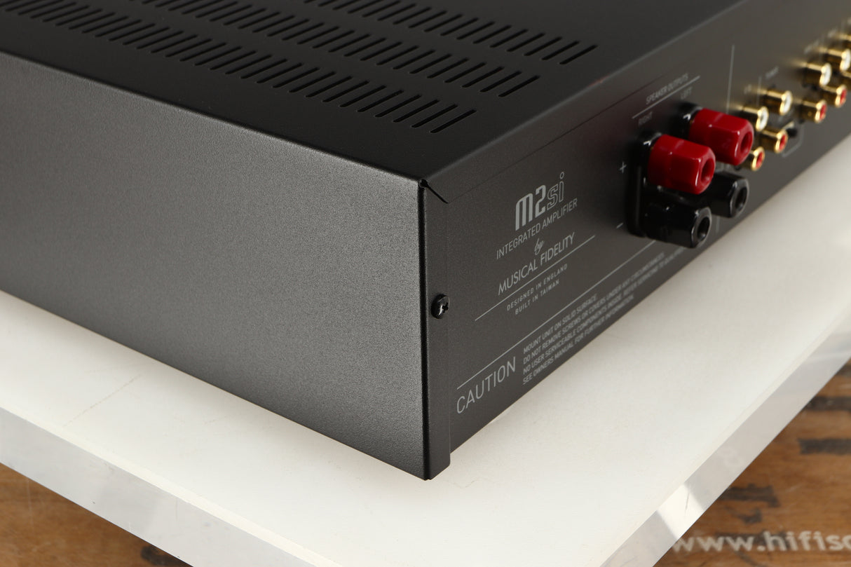 Rear right corner of a used Musical Fidelity M2si Integrated Amplifier in a black finish