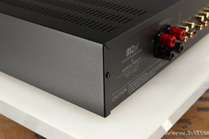 Rear right corner of a used Musical Fidelity M2si Integrated Amplifier in a black finish