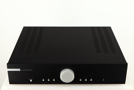 Top of a used Musical Fidelity M2si Integrated Amplifier in a black finish