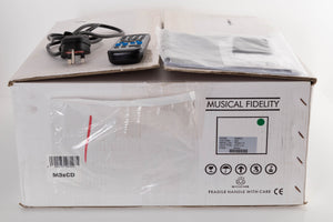 Box of a used Musical Fidelity M3SCD CD Player in Black with mains cable, manual, and remote
