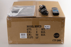 Box of a used Musical Fidelity M3SCD CD Player in Black with mains cable, manual, and remote