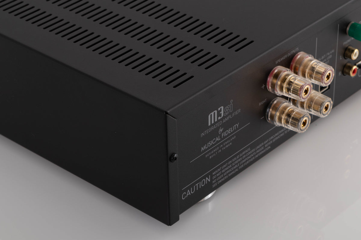 Rear left corner view of a used Musical Fidelity M3si Integrated Amplifier in Black