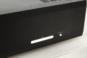 Close up view of a used Musical Fidelity M6PRX Power Amplifier in Black finish