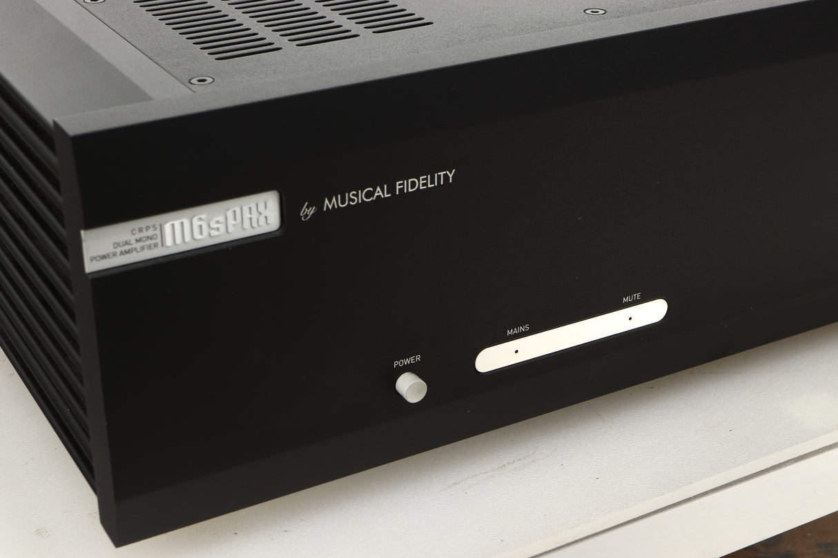 Close up view of a used Musical Fidelity M6PRX Power Amplifier in Black finish
