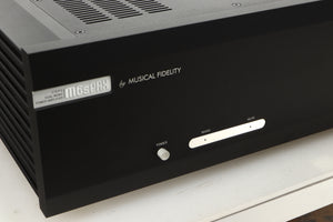 Close up view of a used Musical Fidelity M6PRX Power Amplifier in Black finish
