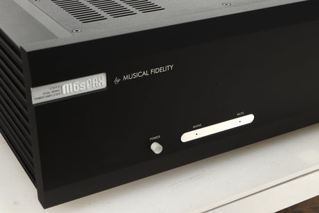 Close up view of a used Musical Fidelity M6PRX Power Amplifier in Black finish