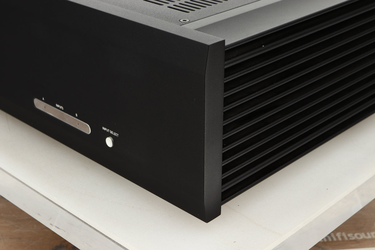 Front right corner view of a used Musical Fidelity M6PRX Power Amplifier in Black finish