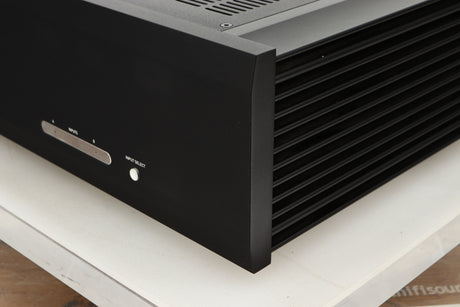 Front right corner view of a used Musical Fidelity M6PRX Power Amplifier in Black finish