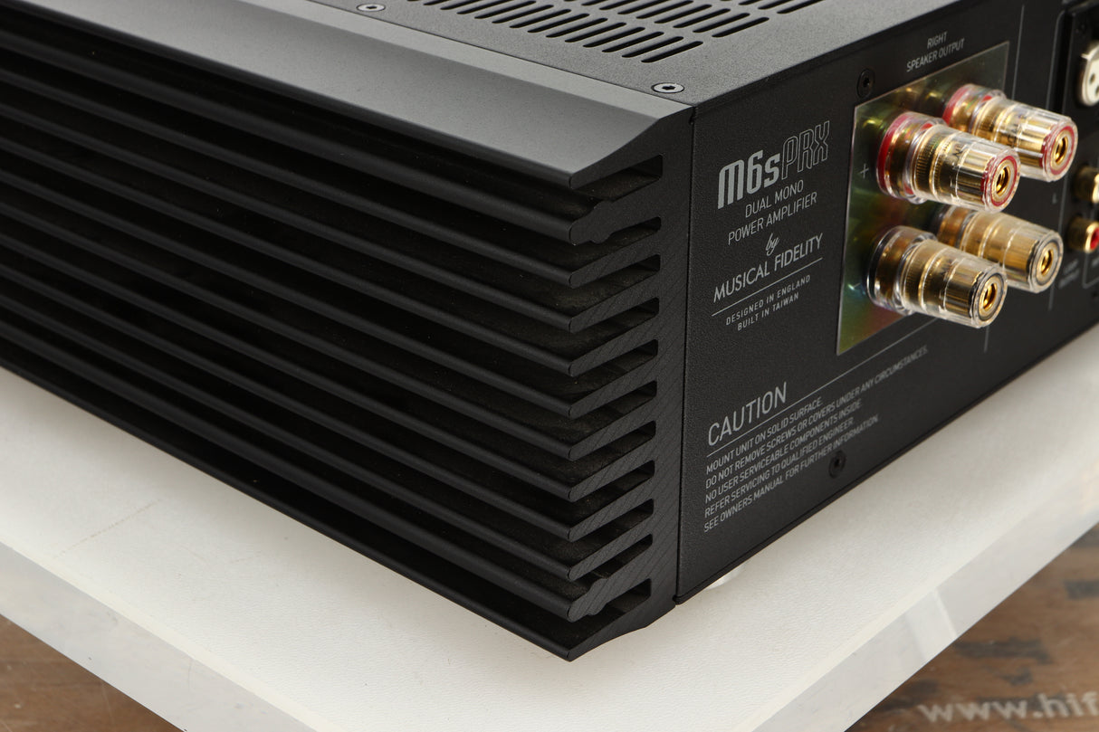 Rear left corner view of a used Musical Fidelity M6PRX Power Amplifier in Black finish