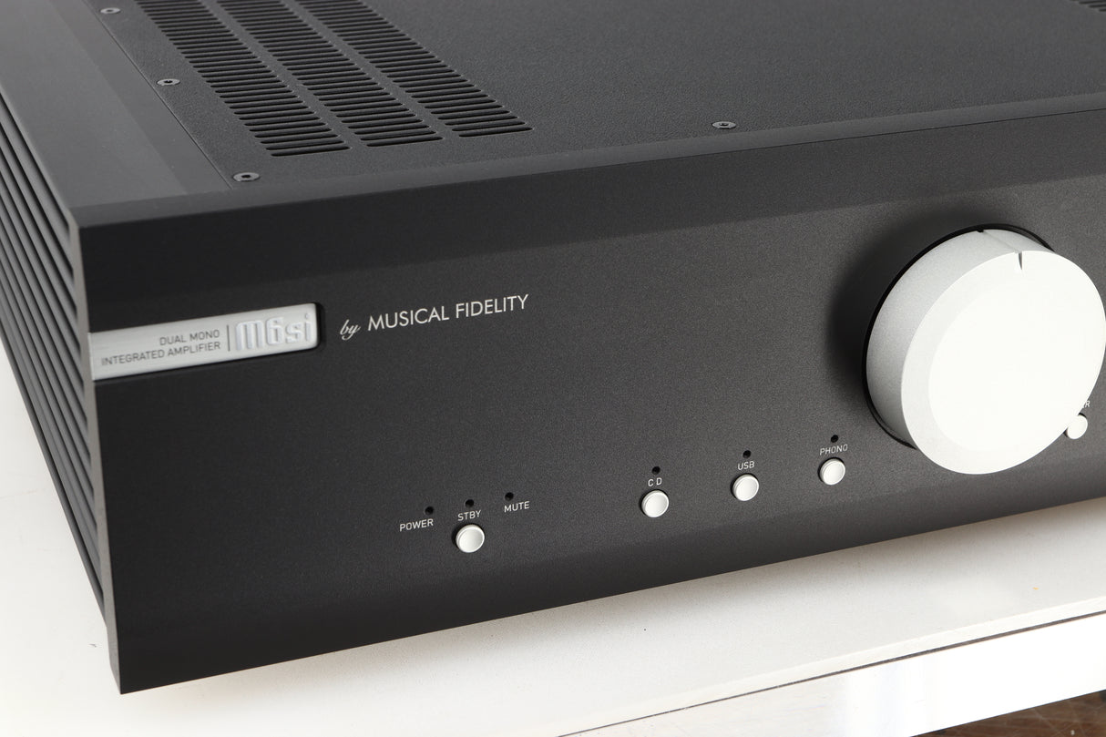 Close up view of a used Musical Fidelity M6si Integrated Amplifier in Black finish 