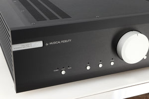 Close up view of a used Musical Fidelity M6si Integrated Amplifier in Black finish 