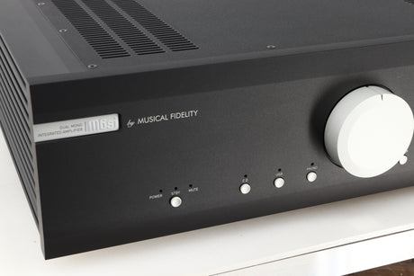 Close up view of a used Musical Fidelity M6si Integrated Amplifier in Black finish 