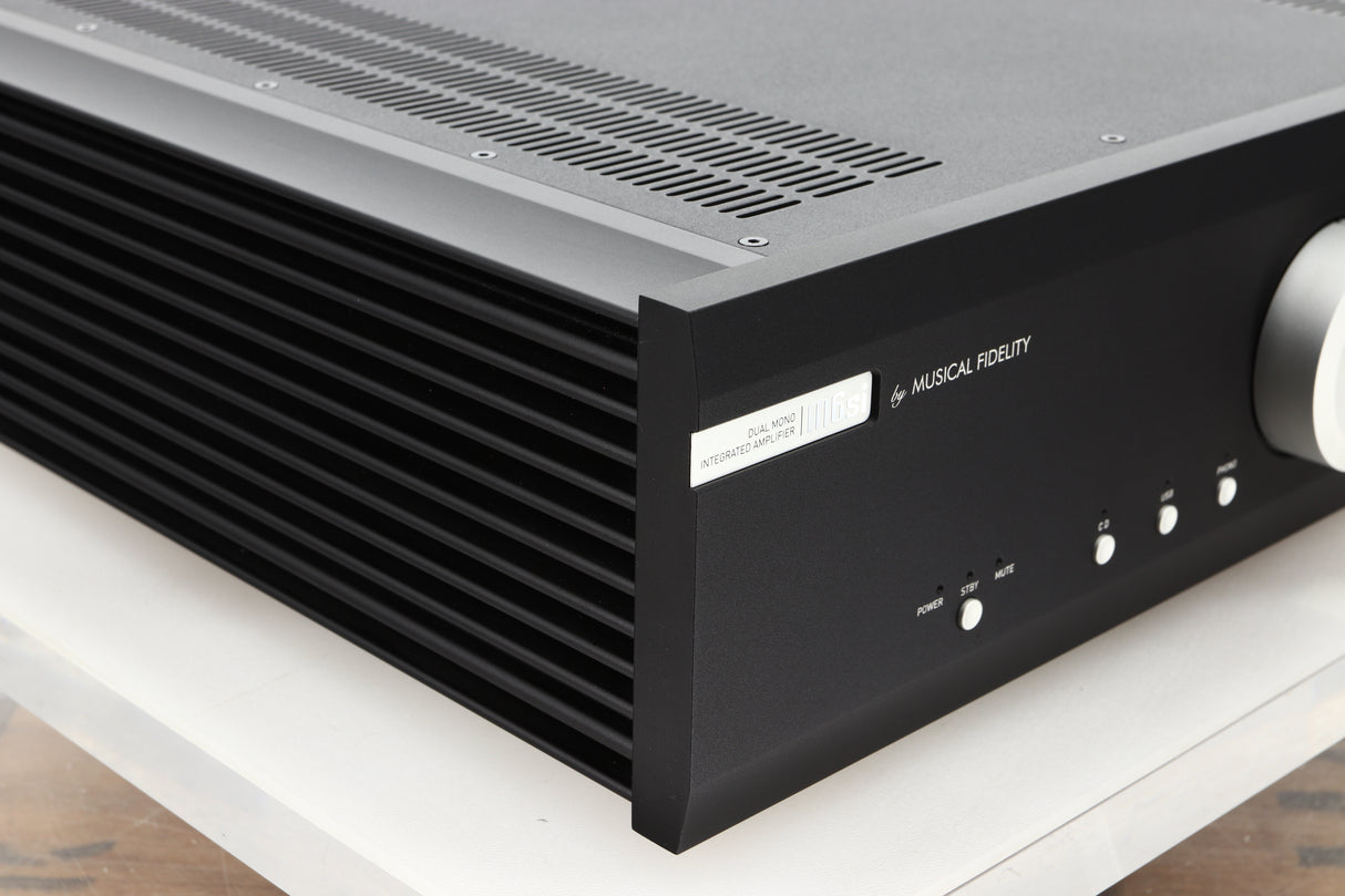Front left corner view of a used Musical Fidelity M6si Integrated Amplifier in Black finish 
