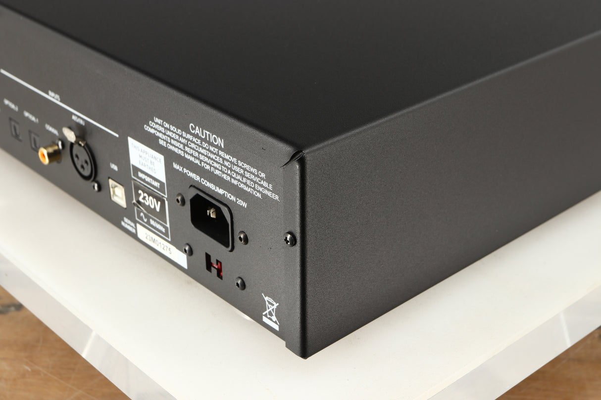 Rear left corner of a used Musical Fidelity M6X DAC in a black finish