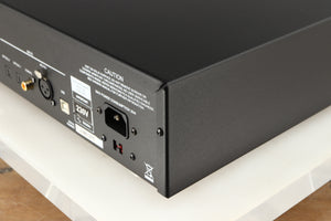Rear left corner of a used Musical Fidelity M6X DAC in a black finish