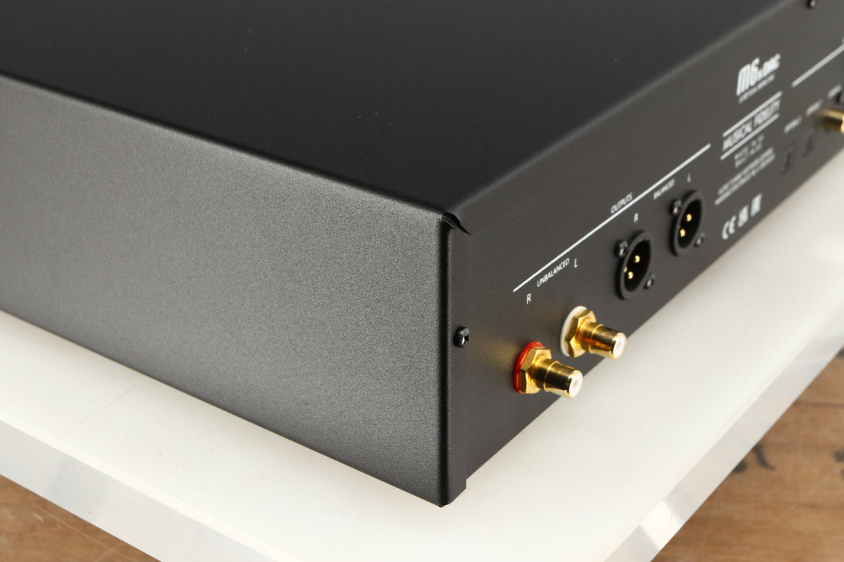 Rear right corner of a used Musical Fidelity M6X DAC in a black finish