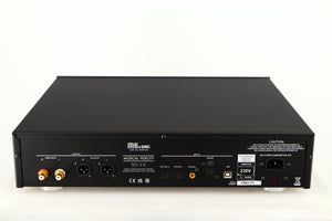 Rear view of a used Musical Fidelity M6X DAC in a black finish showing Phono Outputs, Optical Inputs, USB Input and Mains Input