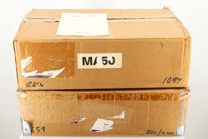 Box of a pair of used Musical Fidelity MA50 Class A Monoblock Power Amplifiers in Black finish showing the manual