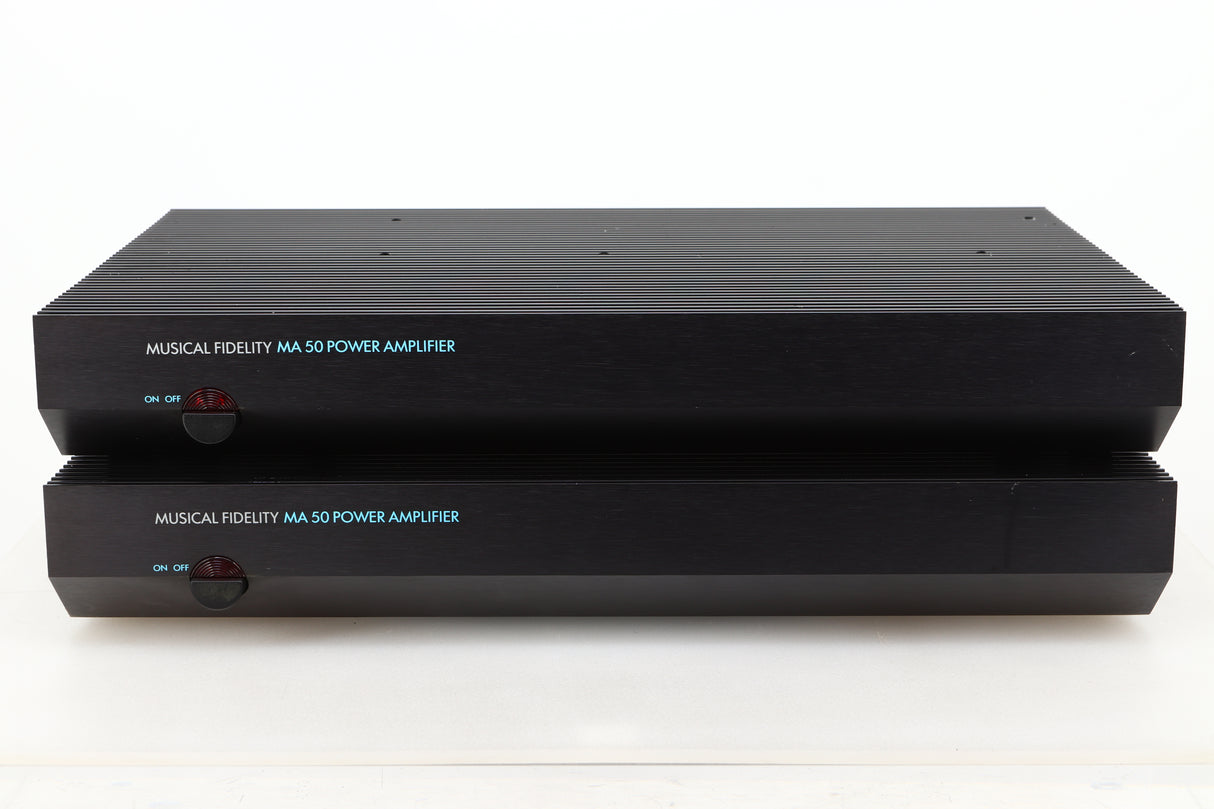 Front view of a pair of used Musical Fidelity MA50 Class A Monoblock Power Amplifiers in Black finish