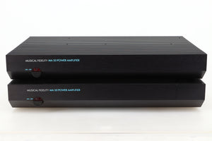 Front view of a pair of used Musical Fidelity MA50 Class A Monoblock Power Amplifiers in Black finish