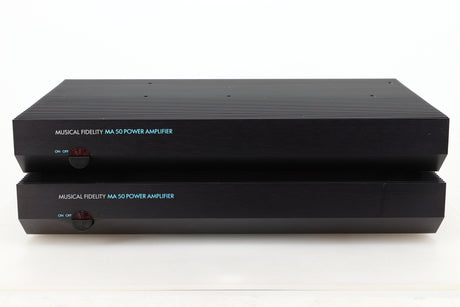 Front view of a pair of used Musical Fidelity MA50 Class A Monoblock Power Amplifiers in Black finish