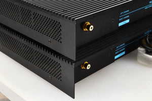 Rear left corner view of a pair of used Musical Fidelity MA50 Class A Monoblock Power Amplifiers in Black finish