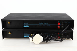 Rear view of a pair of used Musical Fidelity MA50 Class A Monoblock Power Amplifiers in Black finish showing speaker outputs and RCA input
