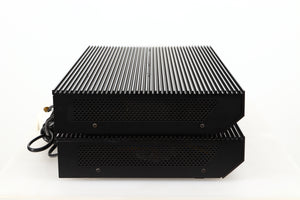 Side view of a pair of used Musical Fidelity MA50 Class A Monoblock Power Amplifiers in Black finish