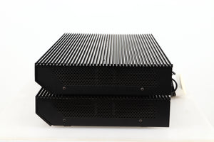 Side view of a pair of used Musical Fidelity MA50 Class A Monoblock Power Amplifiers in Black finish