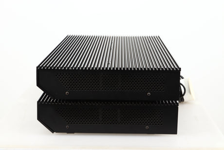 Side view of a pair of used Musical Fidelity MA50 Class A Monoblock Power Amplifiers in Black finish