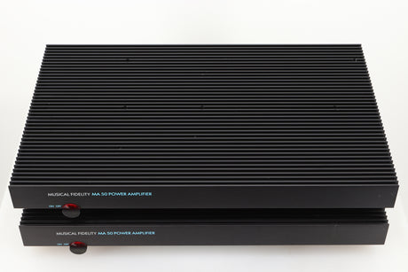 Top view of a used Musical Fidelity MA50 Class A Monoblock Power Amplifiers in Black finish