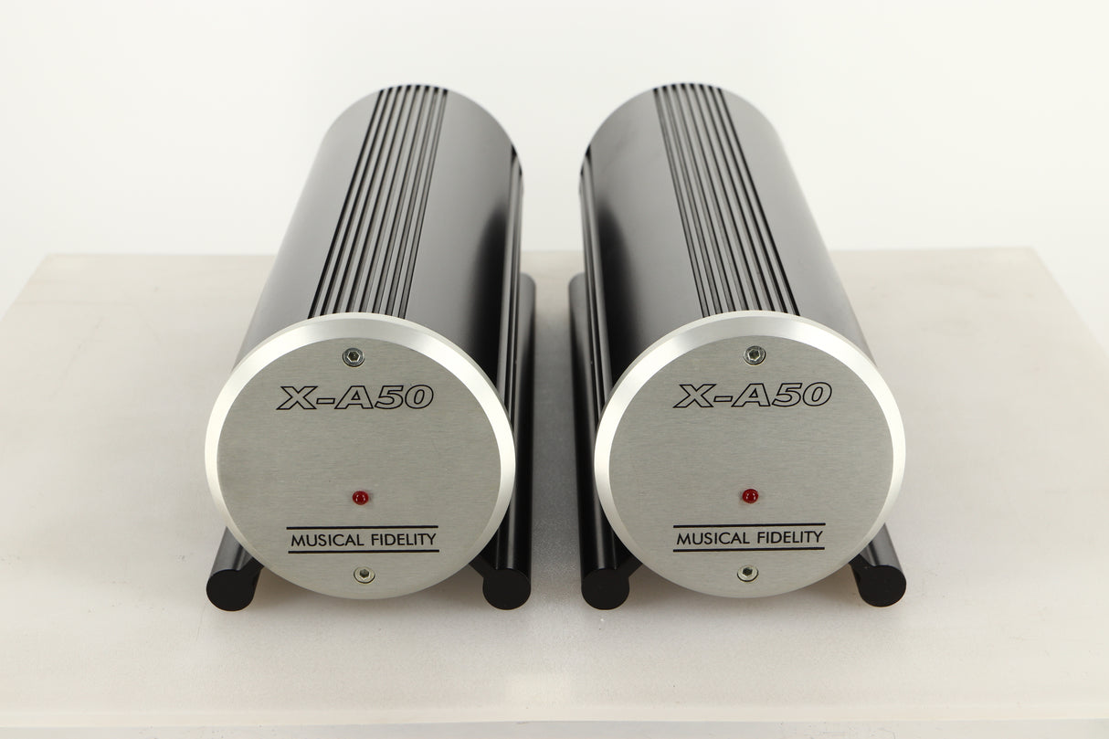 Front view of a used pair of Musical Fidelity X-A50 Monoblock Power Amplifiers