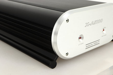 Front left corner view of a used Musical Fidelity X-AS100 Power Amplifier