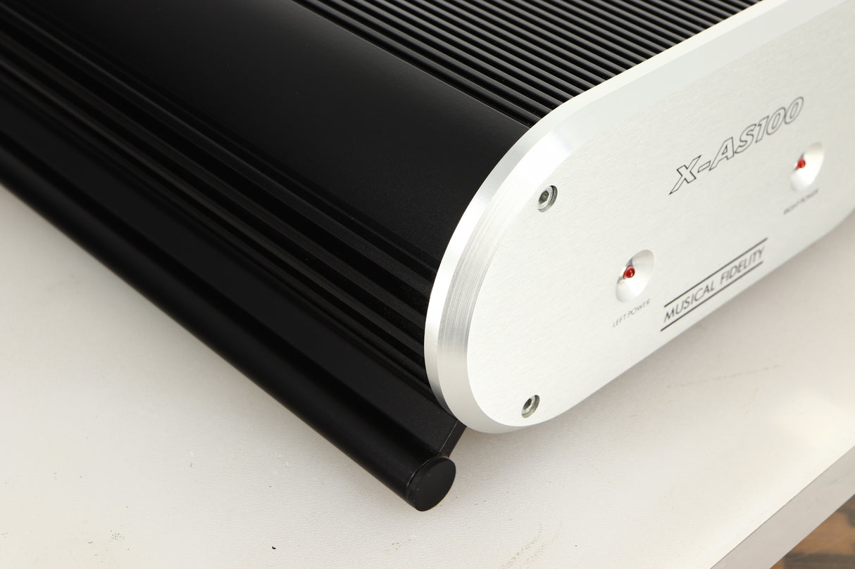 Front left corner view of a used Musical Fidelity X-AS100 Power Amplifier