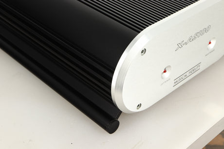 Front left corner view of a used Musical Fidelity X-AS100 Power Amplifier