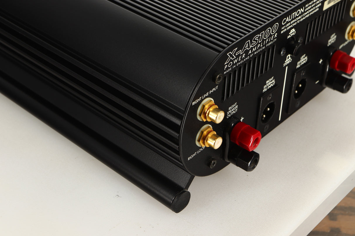 Rear left corner view of a used Musical Fidelity X-AS100 Power Amplifier