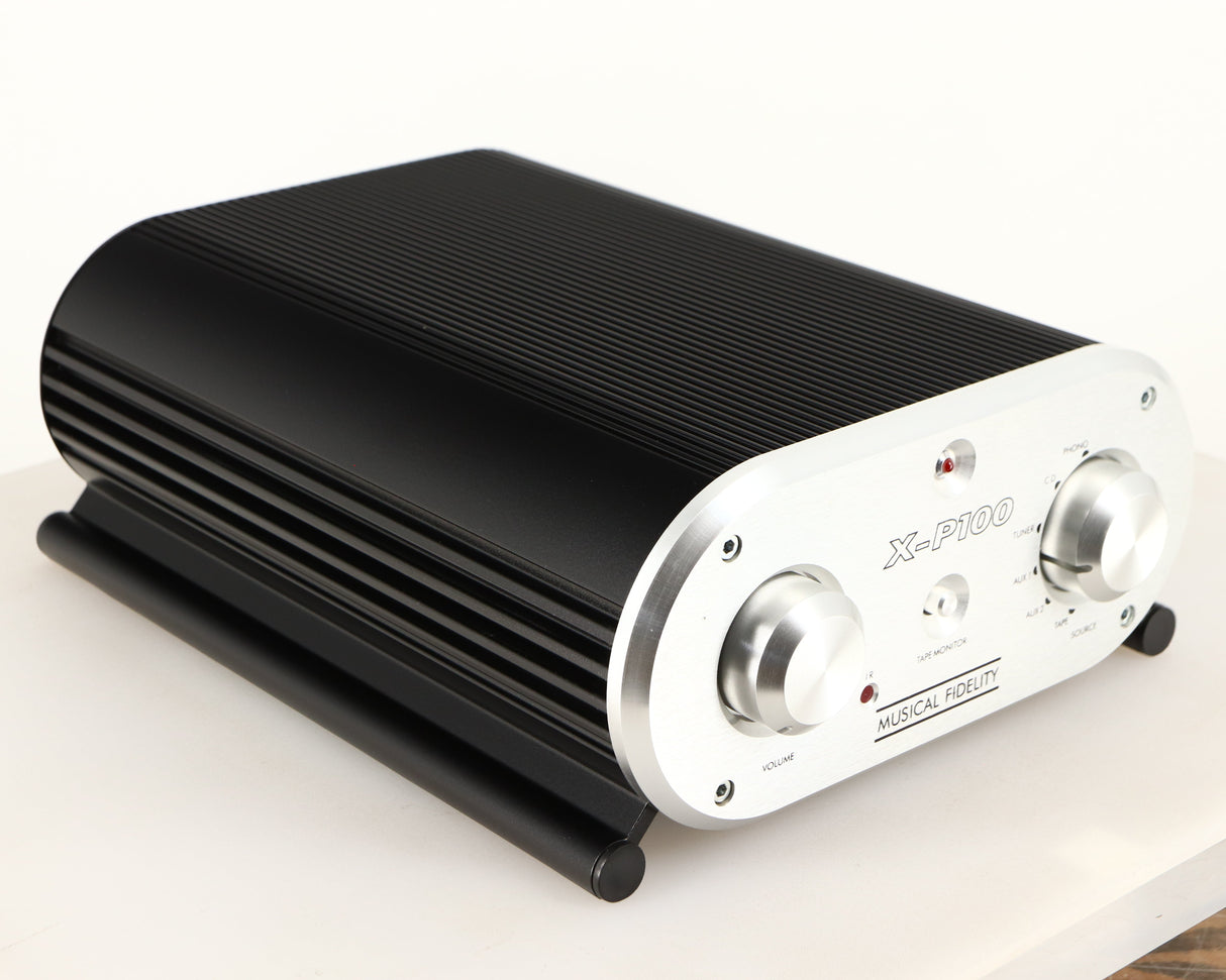 Front left corner of a used Musical Fidelity X-P100 Pre Amplifier 
