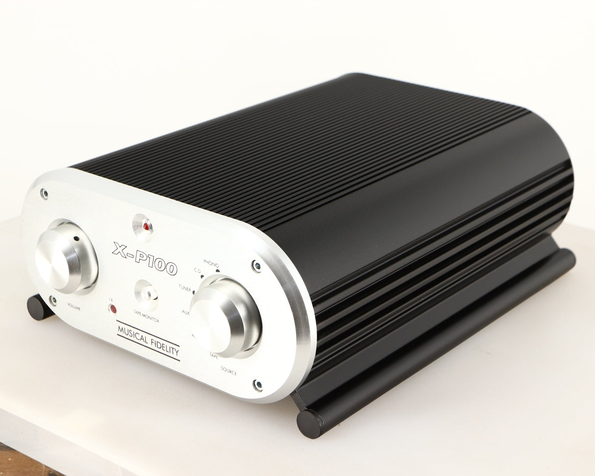 Front right corner of a used Musical Fidelity X-P100 Pre Amplifier 