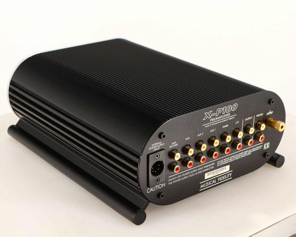 Rear right corner of a used Musical Fidelity X-P100 Pre Amplifier 