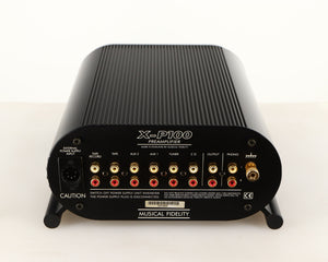 Rear view of a used Musical Fidelity X-P100 Pre Amplifier showing Phono Inputs, Phono Outputs and XLR Input