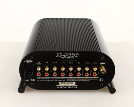 Rear view of a used Musical Fidelity X-P100 Pre Amplifier showing Phono Inputs, Phono Outputs and XLR Input