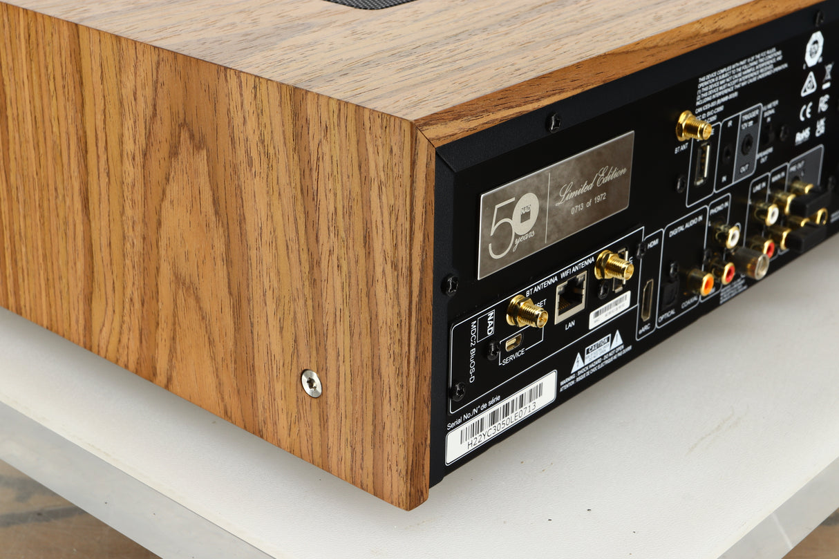 Close up view of the back left corner of a used NAD C3050 LE Integrated Amplifier