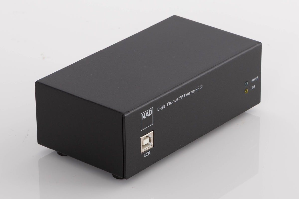 Front left corner of a used NAD PP3i Phono / USB Pre Amplifier in a Black finish