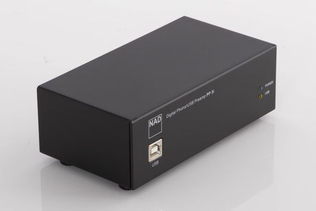 Front left corner of a used NAD PP3i Phono / USB Pre Amplifier in a Black finish