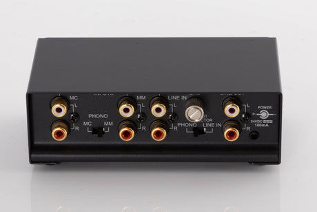 Rear view of a used NAD PP3i Phono / USB Pre Amplifier in a Black finish showing Phono Inputs and Power Input
