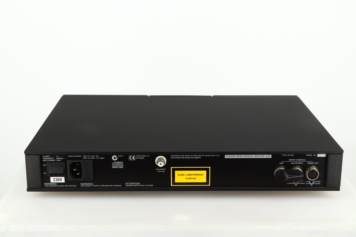 Rear view of a used Naim CD5 CD Player in a black finish showing Mains Input and Channel Input
