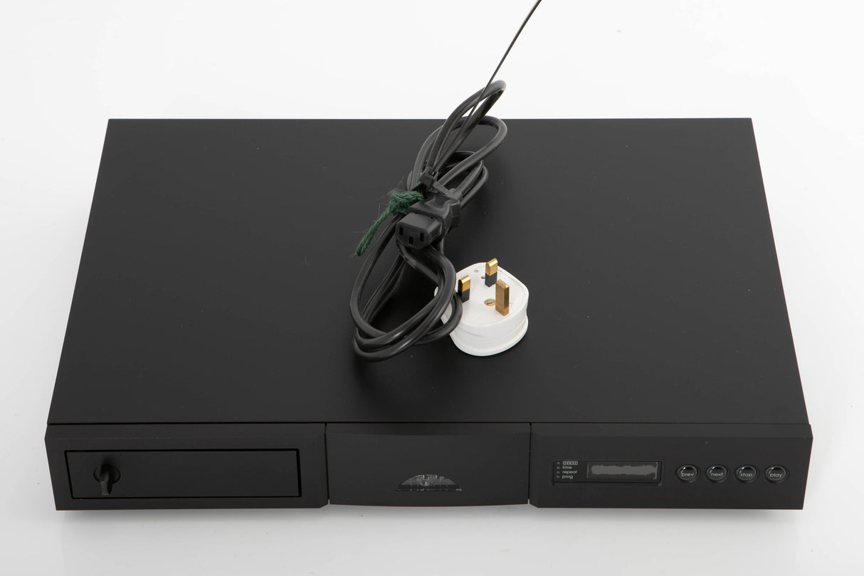 Top of a used Naim CD5 XS CD Player in a black finish showing Mains Cable