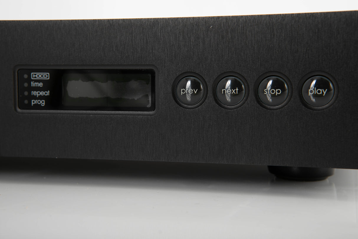 Close up of a used Naim CD5 XS CD Player in a black finish showing screen mostly blacked out