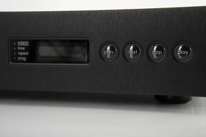 Close up of a used Naim CD5 XS CD Player in a black finish showing screen mostly blacked out